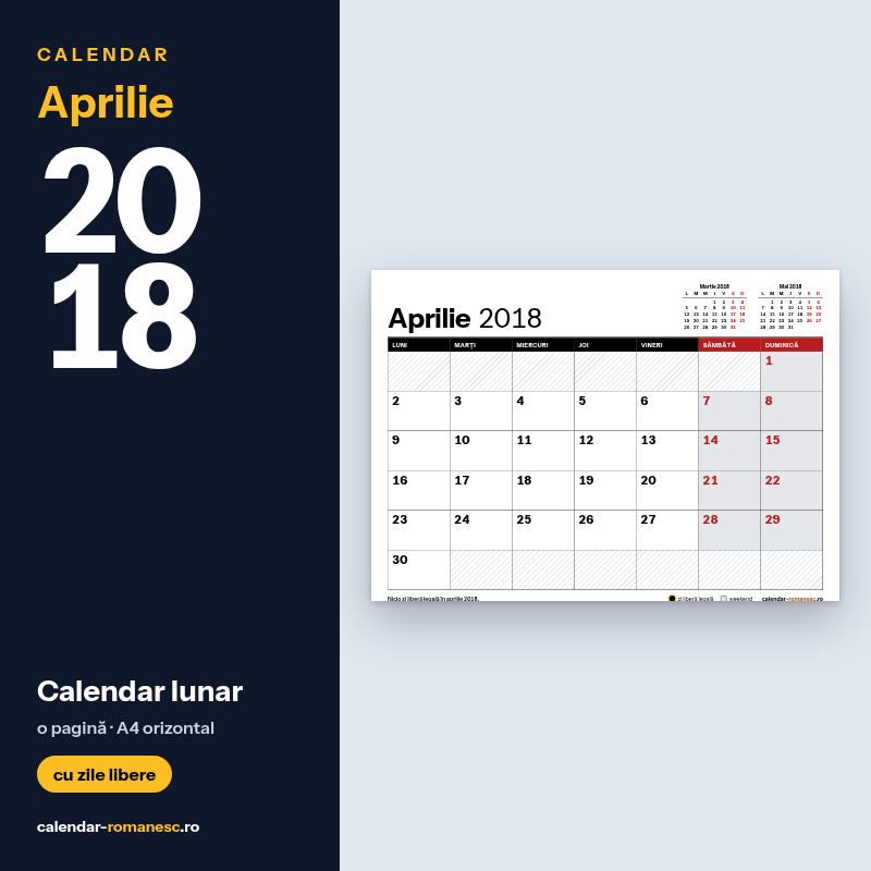 Calendar Aprilie 2018 de imprimat