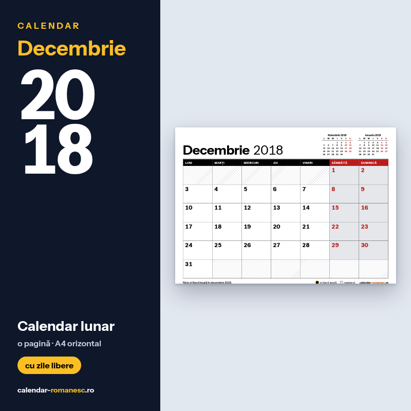 Calendar Decembrie 2018 de imprimat
