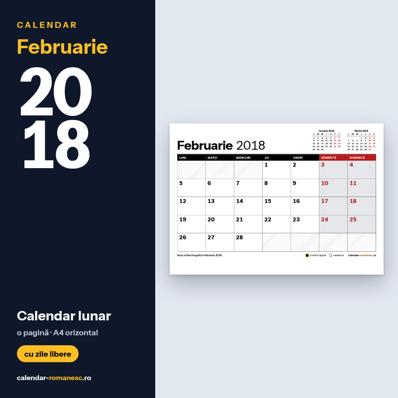 Calendar Februarie 2018 de imprimat
