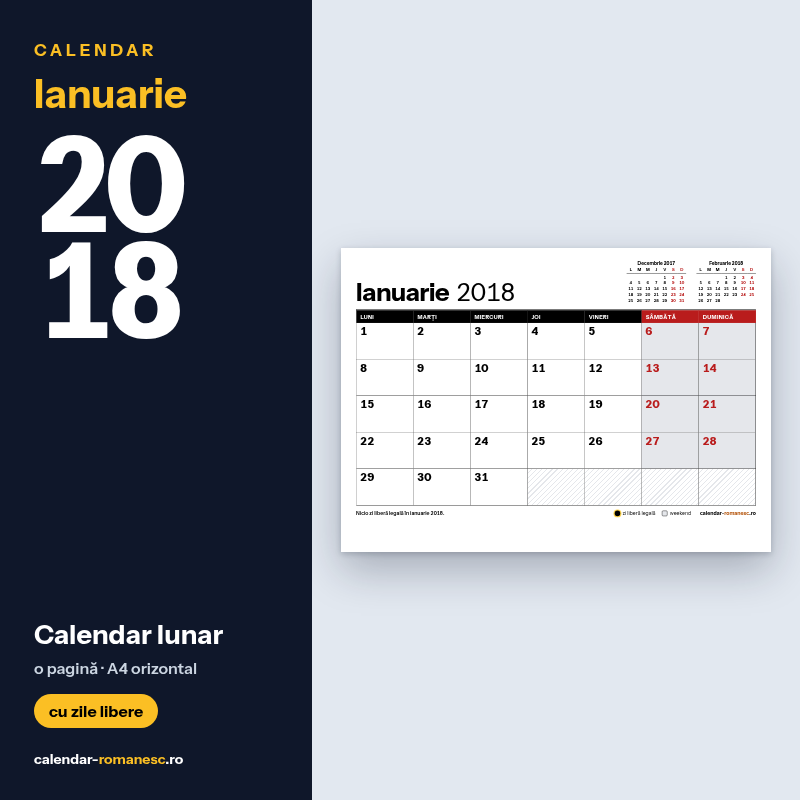 Calendar Ianuarie 2018 de imprimat