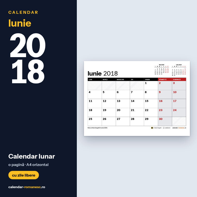 Calendar Iunie 2018 de imprimat