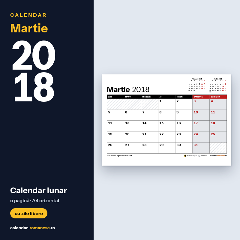 Calendar Martie 2018 de imprimat