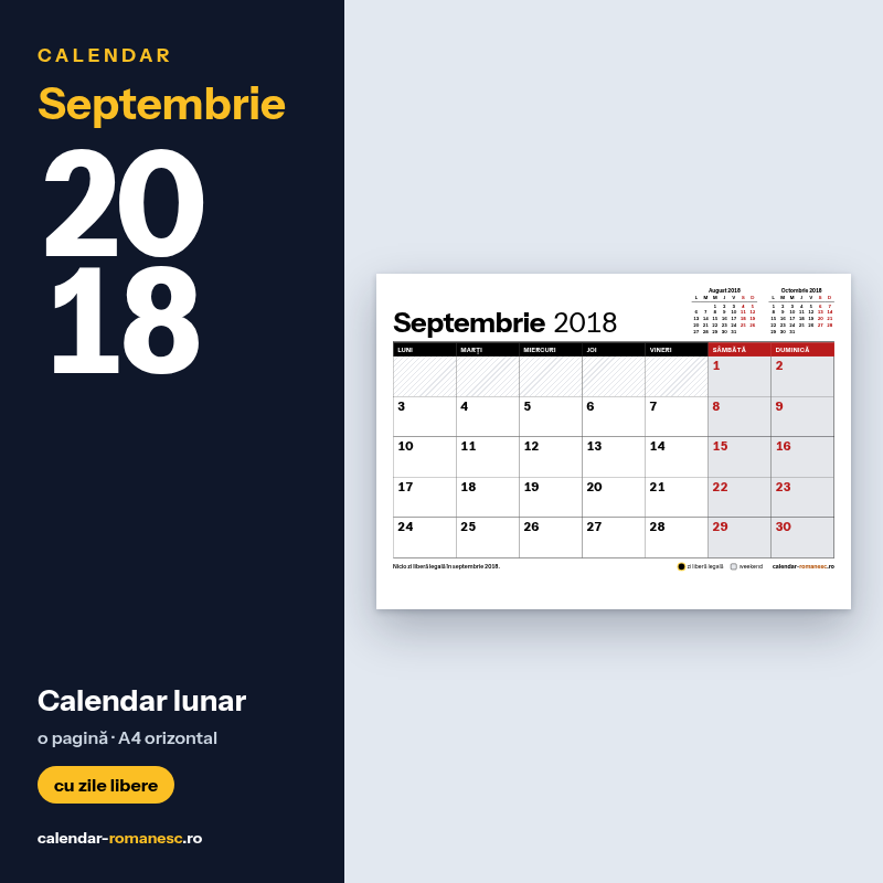 Calendar Septembrie 2018 de imprimat