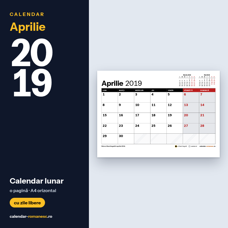 Calendar Aprilie 2019 de imprimat