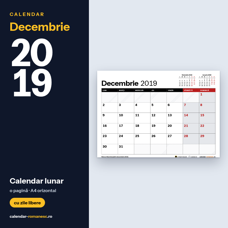 Calendar Decembrie 2019 de imprimat