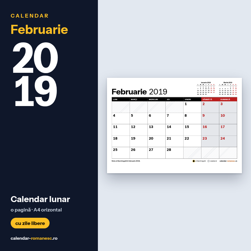 Calendar Februarie 2019 de imprimat