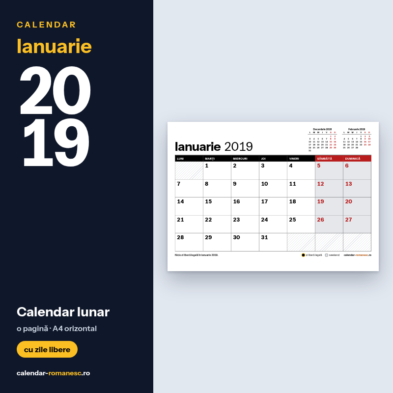 Calendar Ianuarie 2019 de imprimat