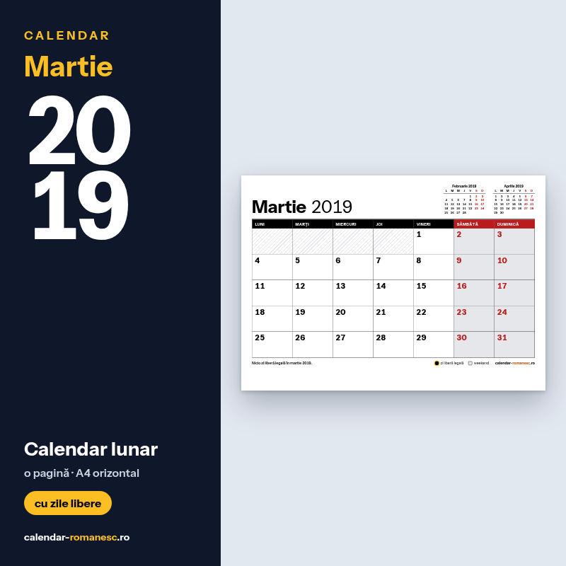 Calendar Martie 2019 de imprimat
