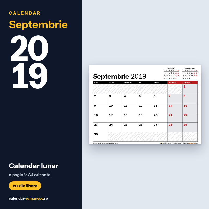 Calendar Septembrie 2019 de imprimat
