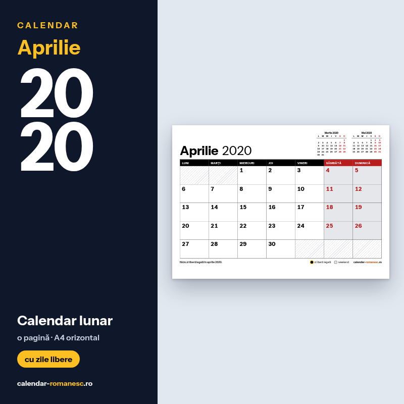 Calendar Aprilie 2020 de imprimat