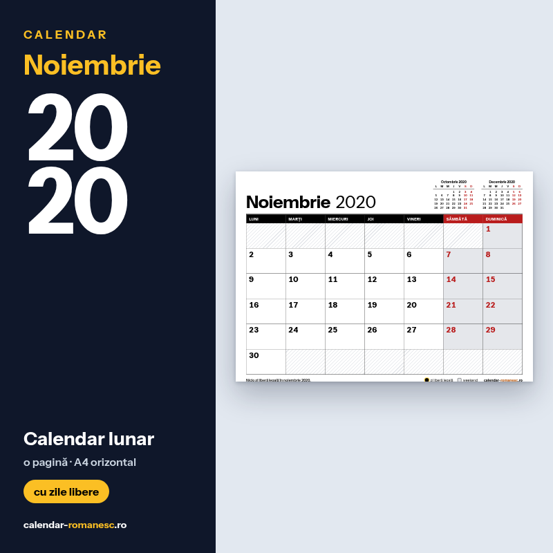 Calendar Noiembrie 2020 de imprimat