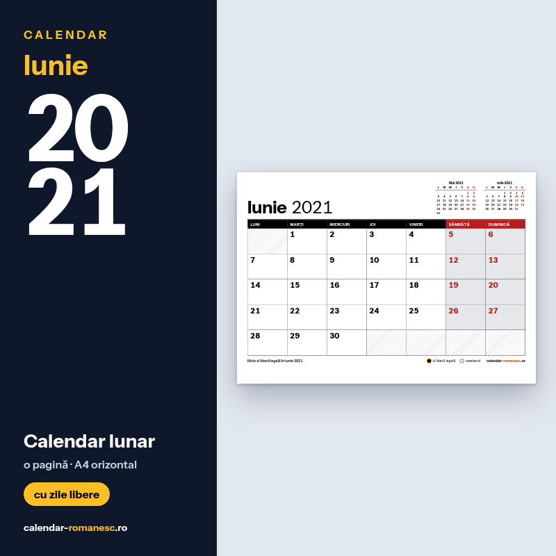 Calendar Iunie 2021 de imprimat