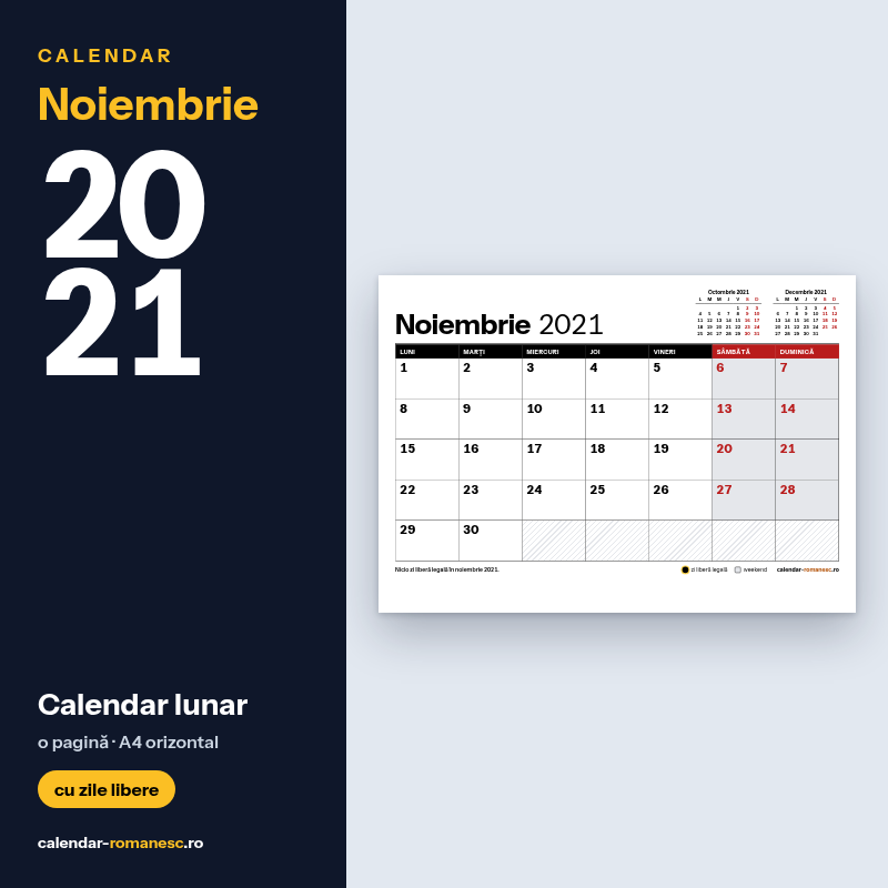 Calendar Noiembrie 2021 de imprimat