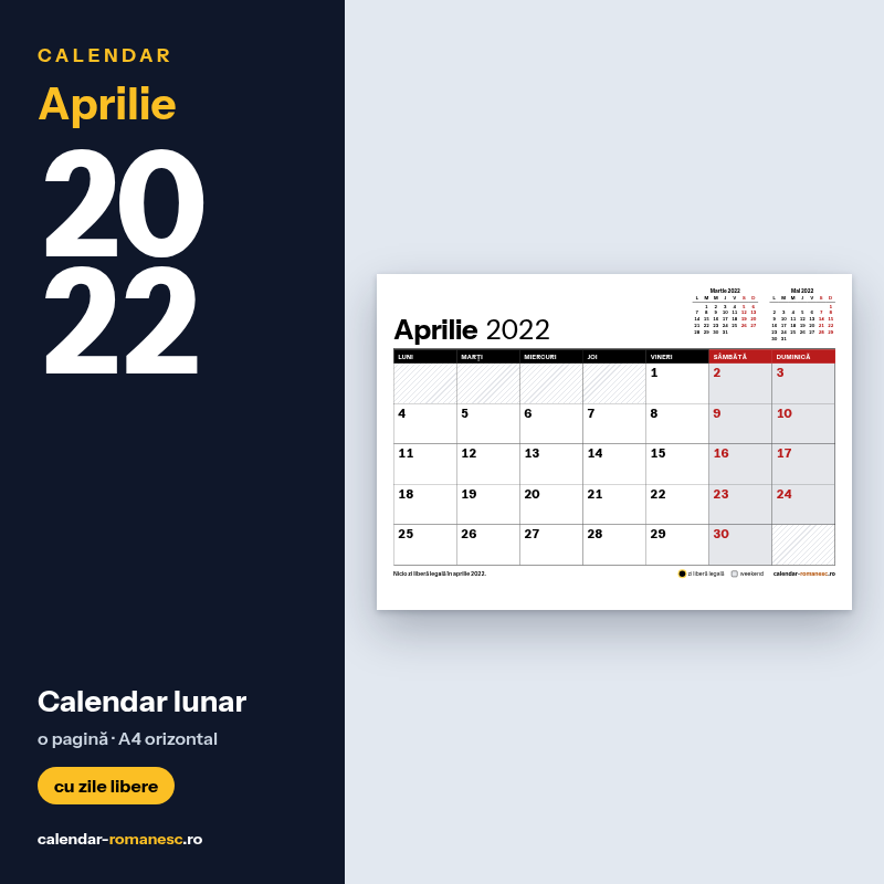 Calendar Aprilie 2022 de imprimat