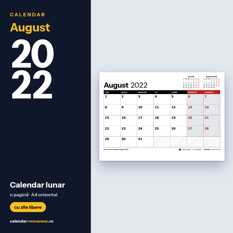 Calendar August 2022 de imprimat