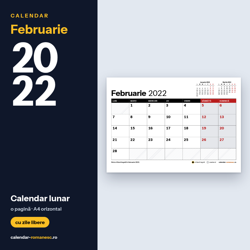 Calendar Februarie 2022 de imprimat