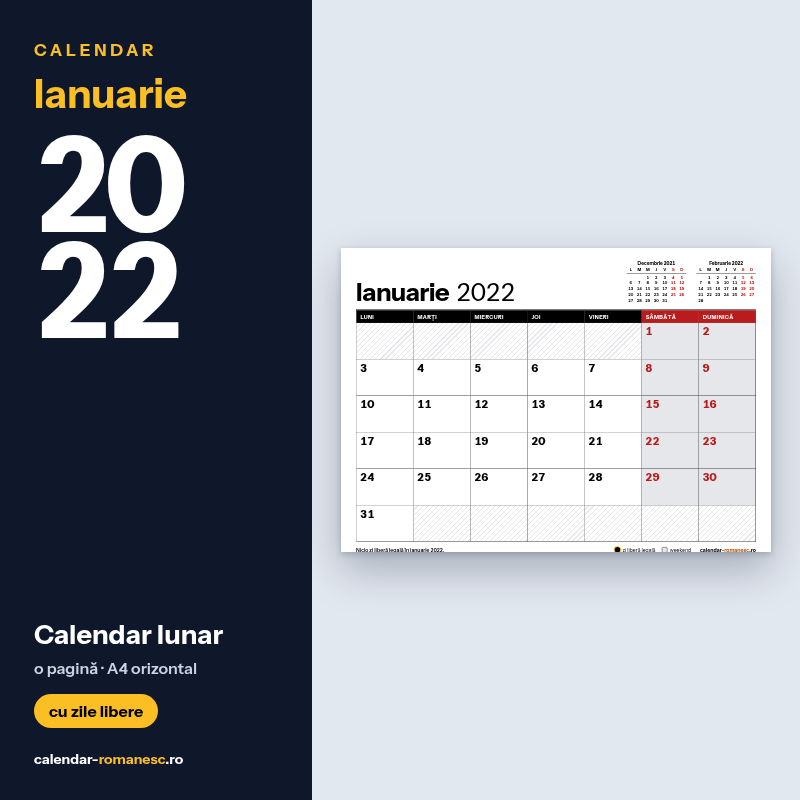 Calendar Ianuarie 2022 de imprimat