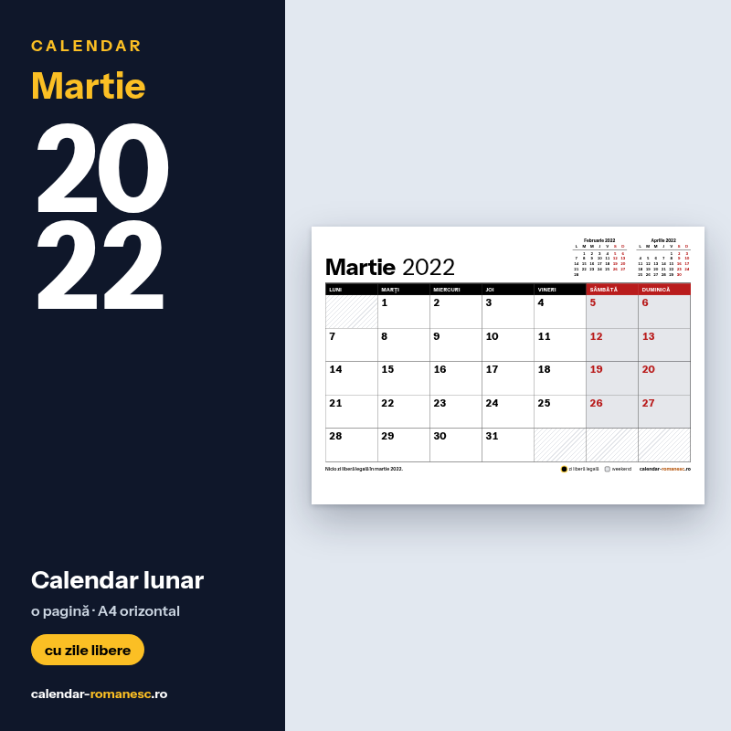 Calendar Martie 2022 de imprimat