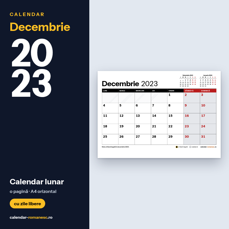 Calendar Decembrie 2023 de imprimat