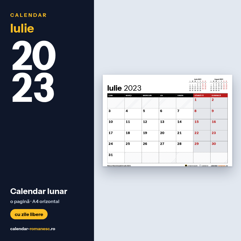 Calendar Iulie 2023 de imprimat
