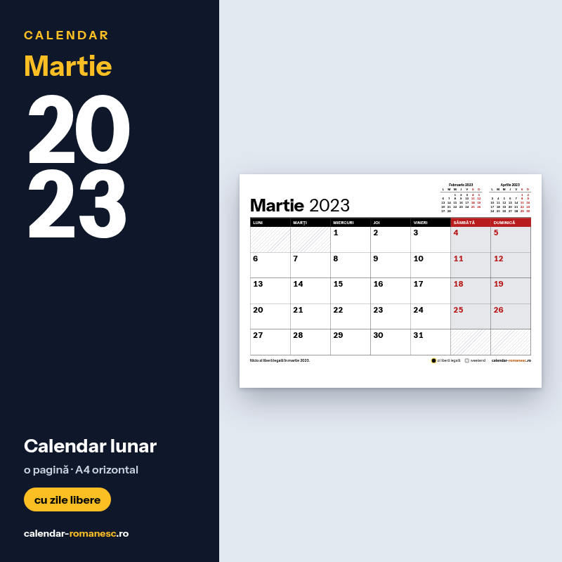 Calendar Martie 2023 de imprimat