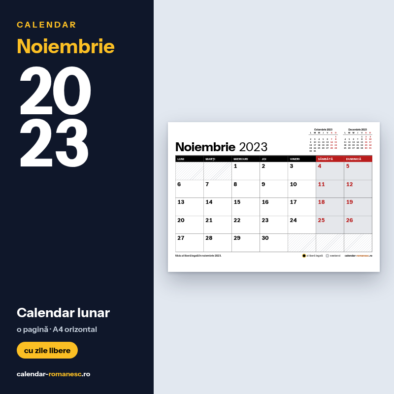 Calendar Noiembrie 2023 de imprimat