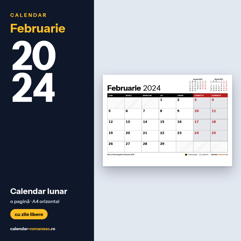 Calendar Februarie 2024 de imprimat