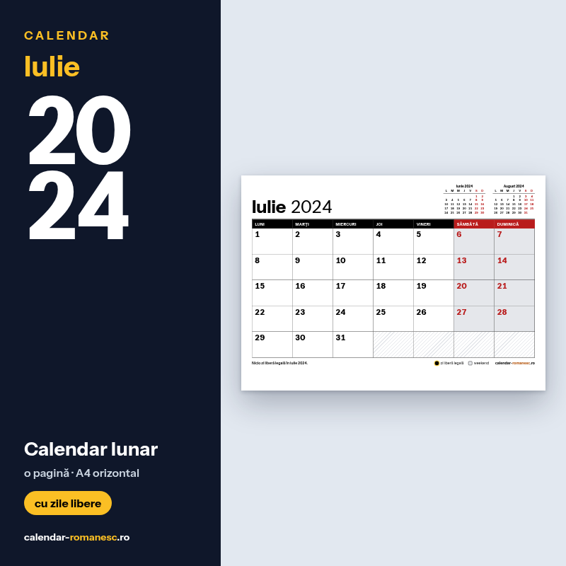 Calendar Iulie 2024 de imprimat