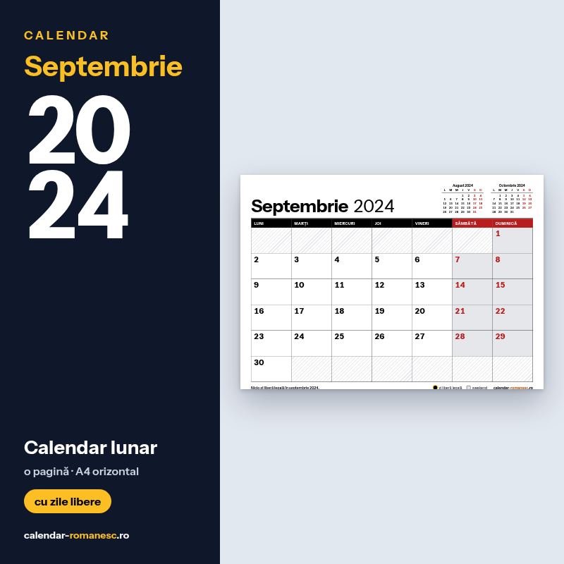 Calendar Septembrie 2024 de imprimat