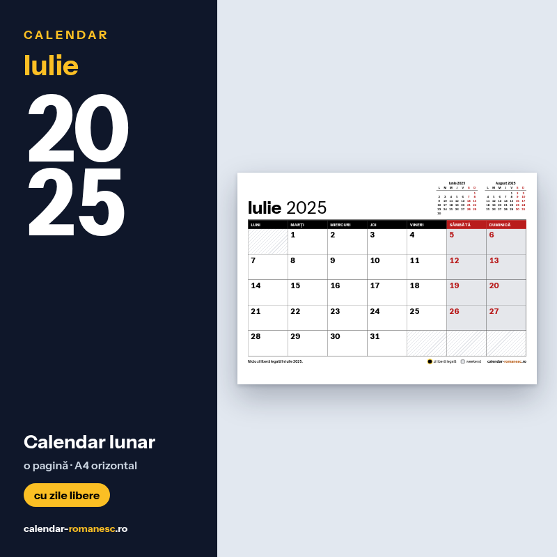 Calendar Iulie 2025 de imprimat