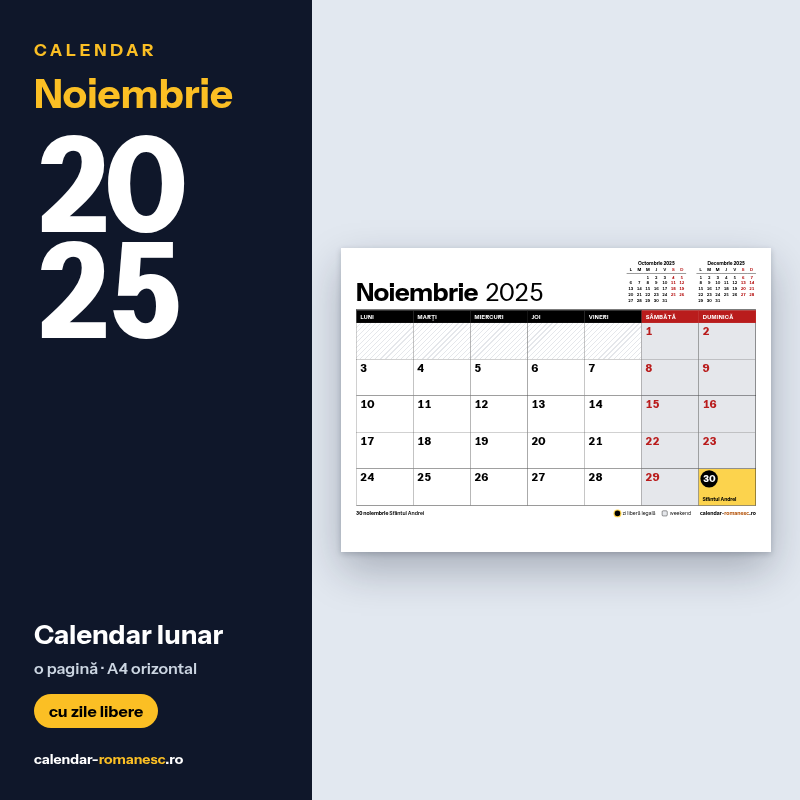 Calendar Noiembrie 2025 de imprimat