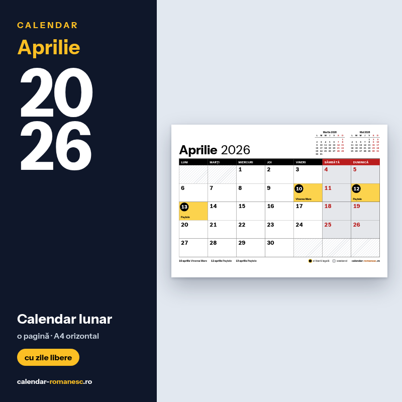 Calendar Aprilie 2026 de imprimat