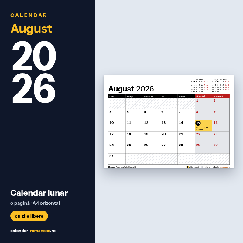 Calendar August 2026 de imprimat