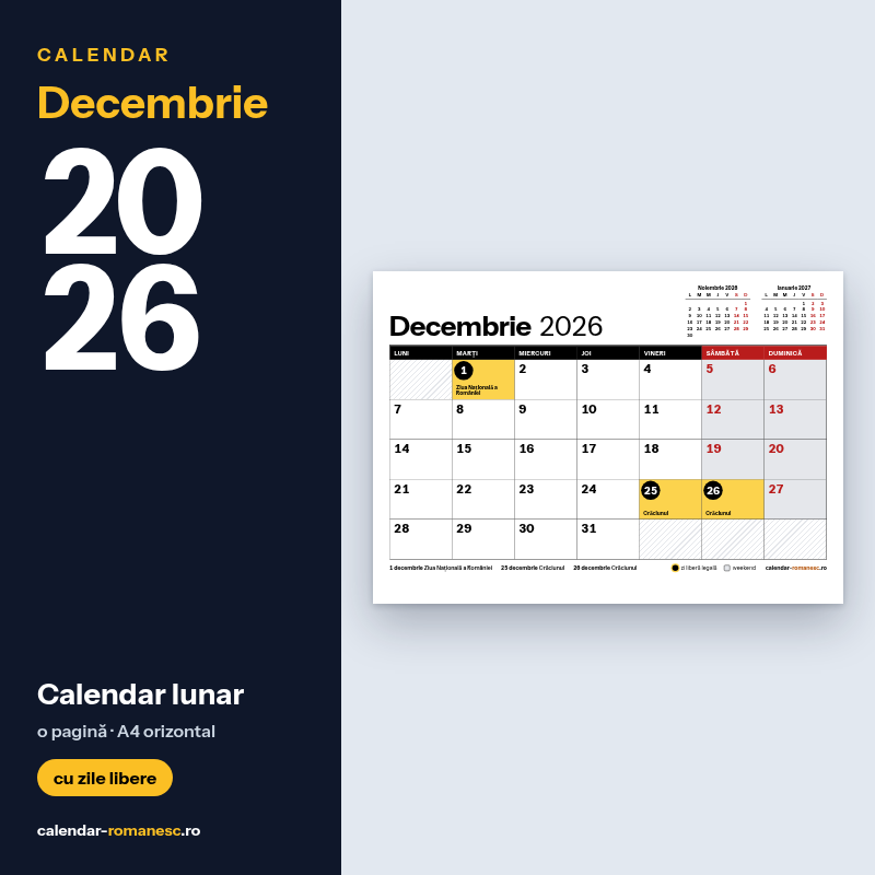 Calendar Decembrie 2026 de imprimat