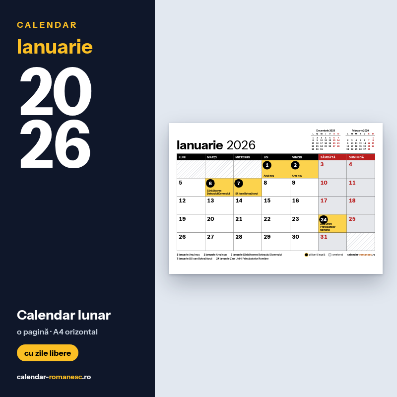 Calendar Ianuarie 2026 de imprimat