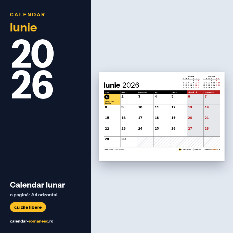 Calendar Iunie 2026 de imprimat