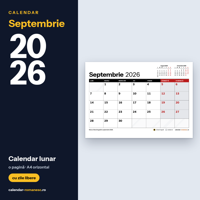 Calendar Septembrie 2026 de imprimat