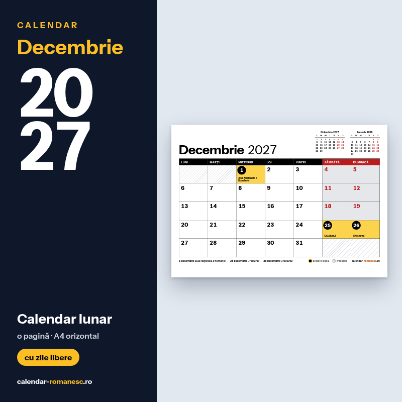 Calendar Decembrie 2027 de imprimat