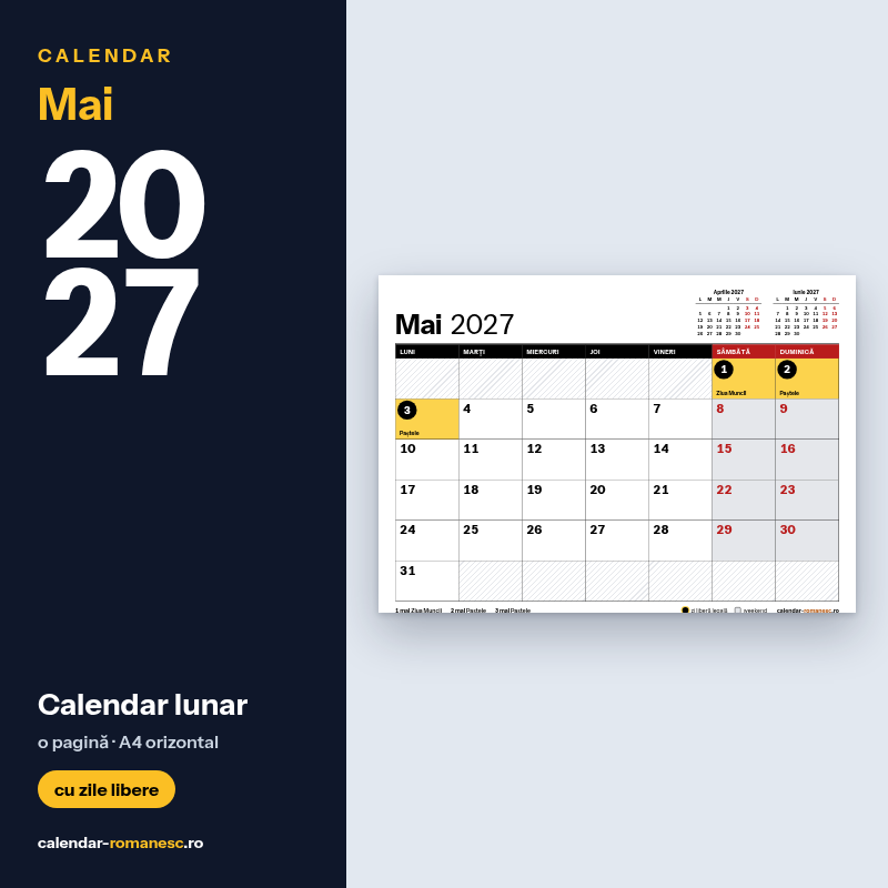 Calendar Mai 2027 de imprimat