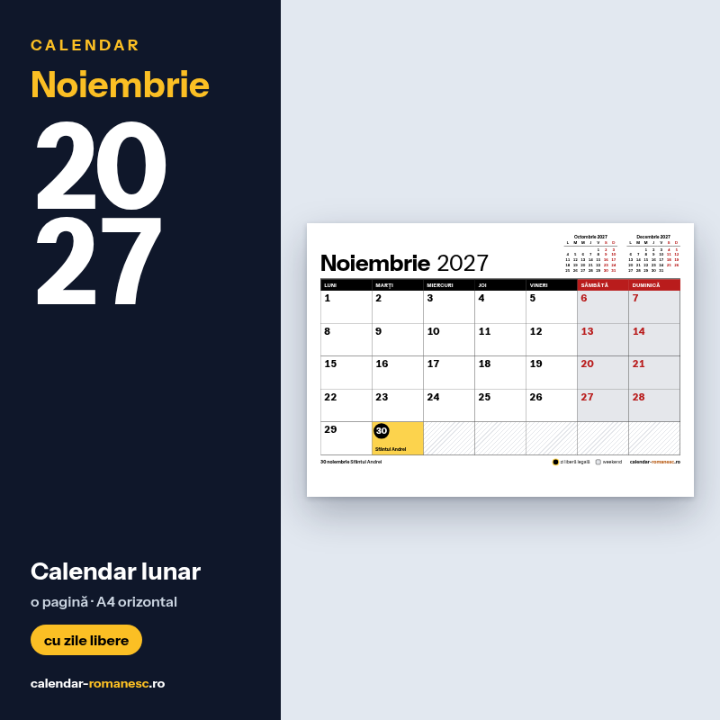 Calendar Noiembrie 2027 de imprimat