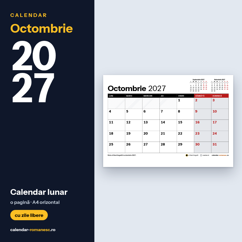 Calendar Octombrie 2027 de imprimat