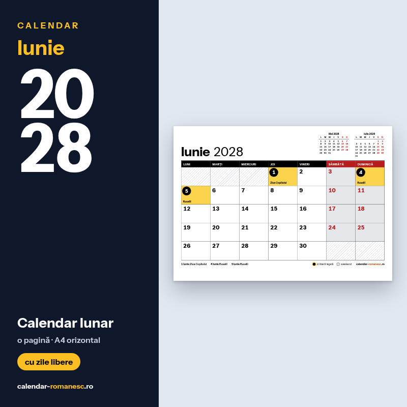 Calendar Iunie 2028 de imprimat