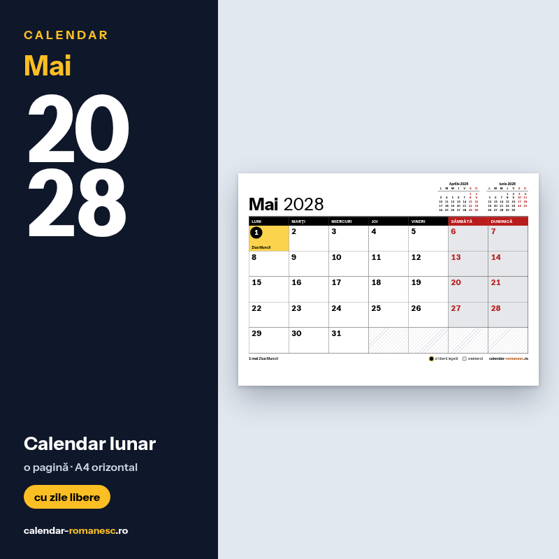 Calendar Mai 2028 de imprimat