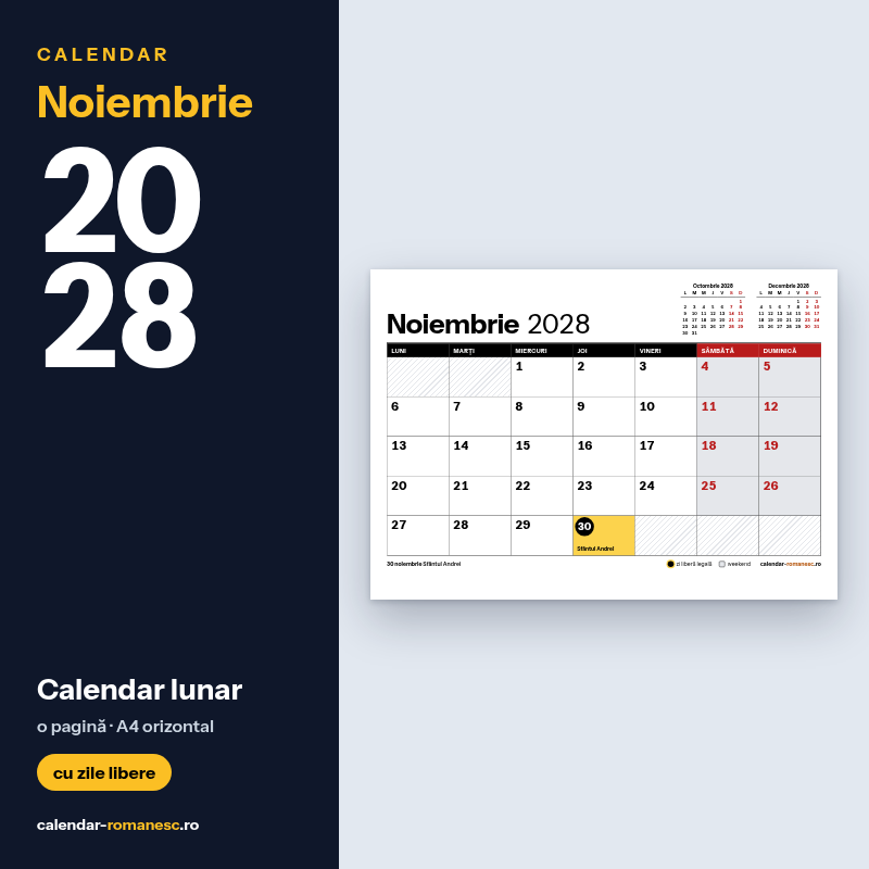 Calendar Noiembrie 2028 de imprimat
