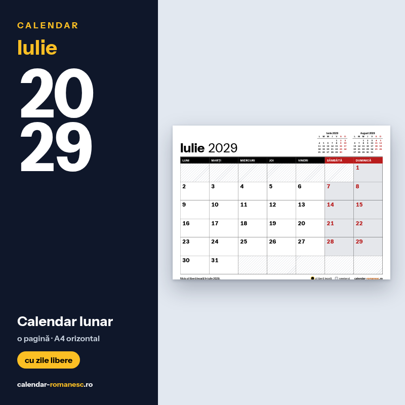 Calendar Iulie 2029 de imprimat