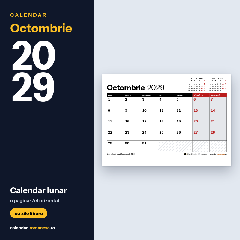 Calendar Octombrie 2029 de imprimat