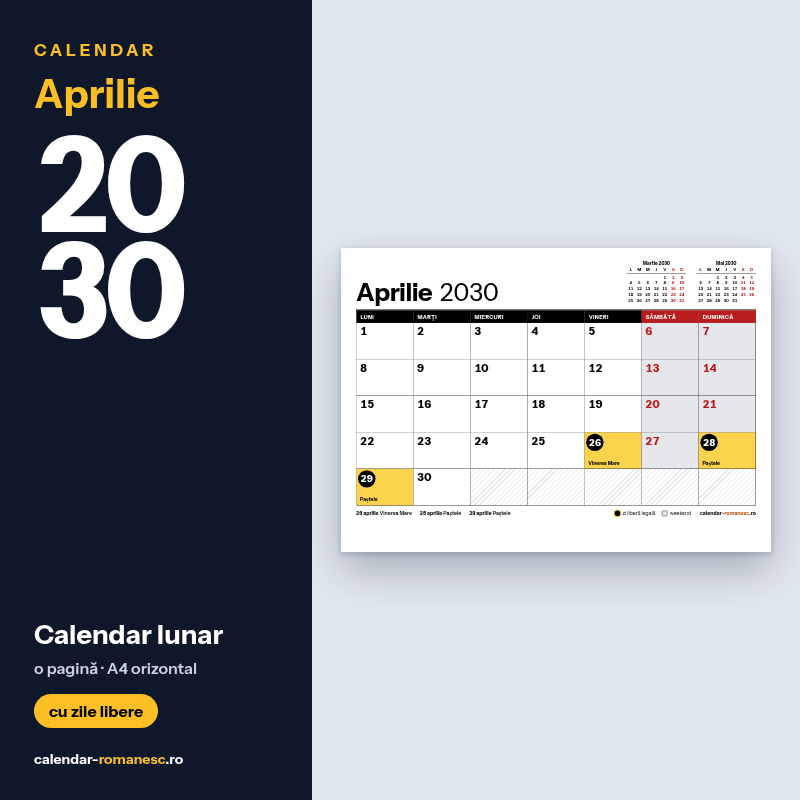 Calendar Aprilie 2030 de imprimat