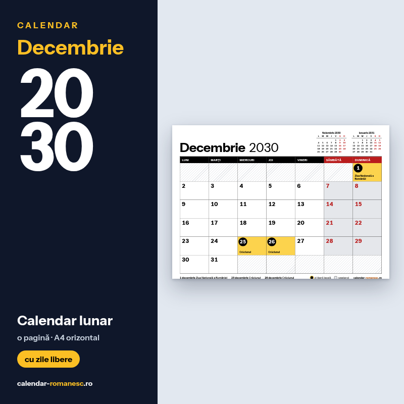 Calendar Decembrie 2030 de imprimat