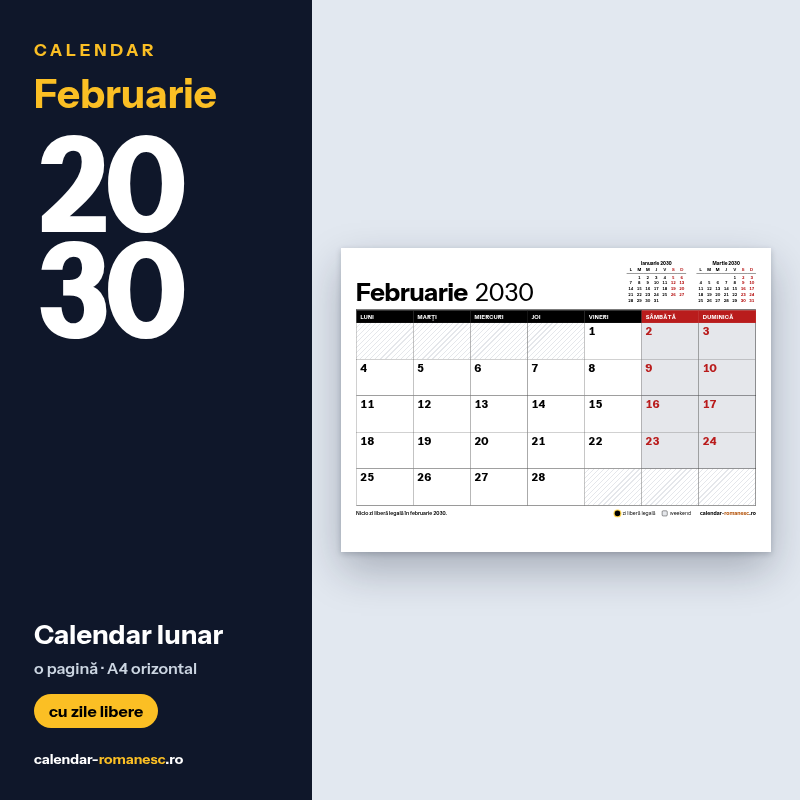 Calendar Februarie 2030 de imprimat