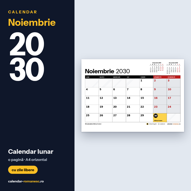 Calendar Noiembrie 2030 de imprimat